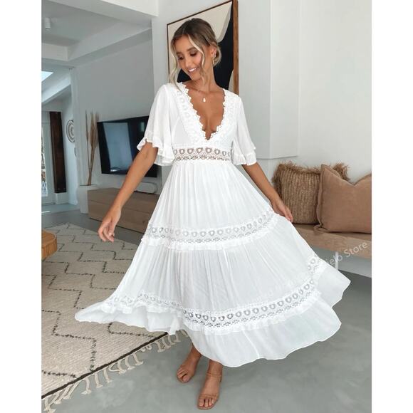 Bluivy Dresses & Skirts - NWT BluIvy V Neck Lace Crochet Trim White Maxi Dress